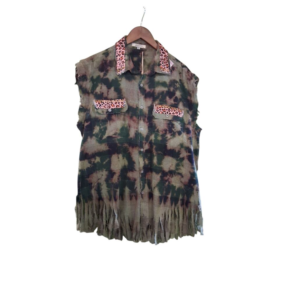 Gypsy Junkies Tie-Dyed Fringe Grunge Womens size XL Leopard Festival Hippie Top